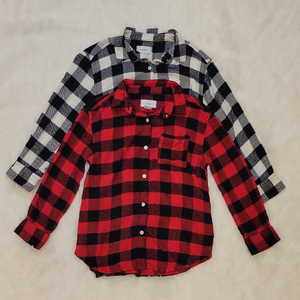 Old Navy Buffalo Plaid Flannel Shirt Bundle Red, White, Black Girl Size S (6-7)